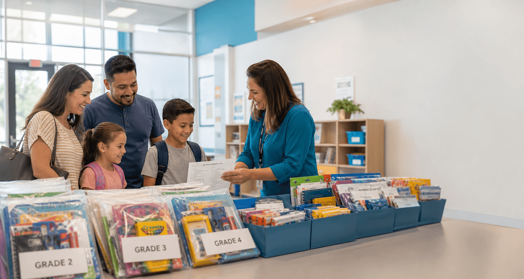 Parents and students reviewing organized school supply packs