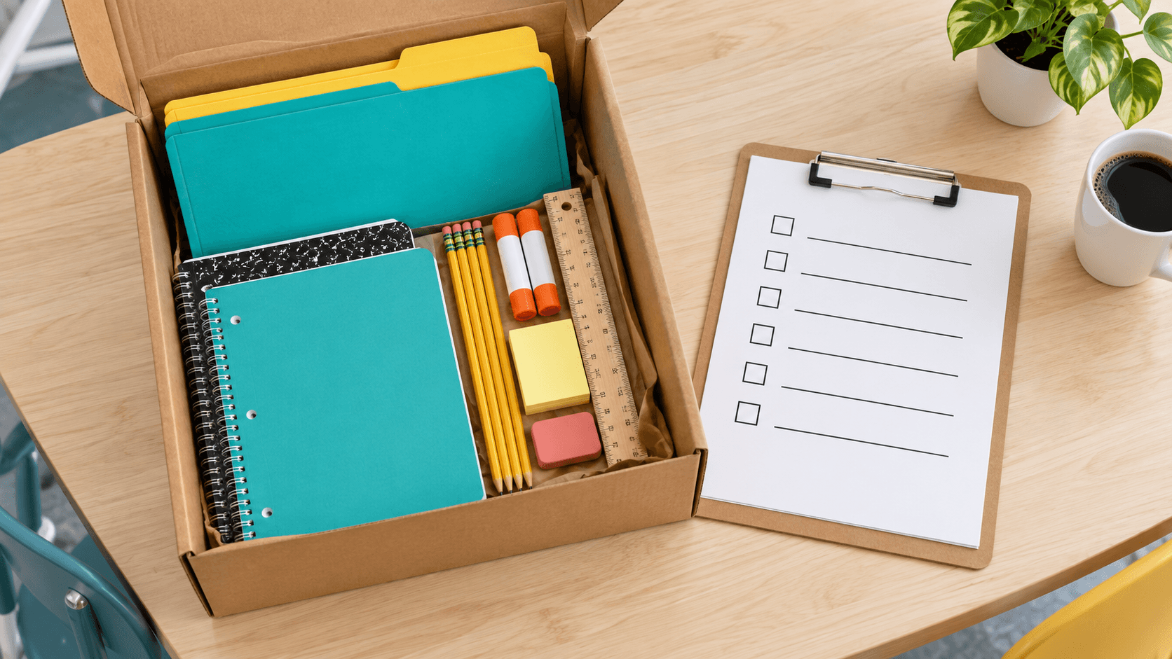 A school supply kit beside a checklist for planning a school supply program