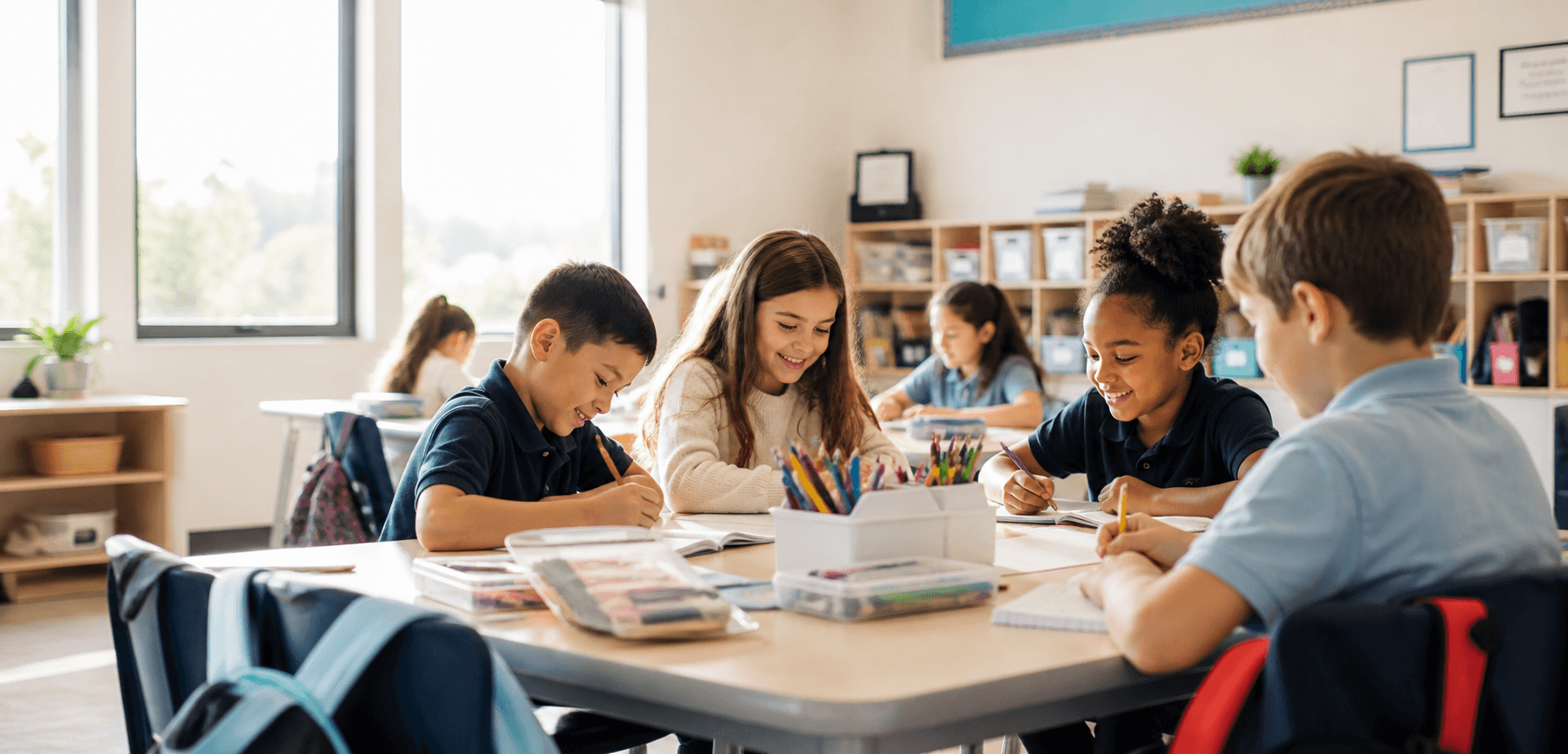 Students working together with notebooks and colorful school supplies in a bright classroom
